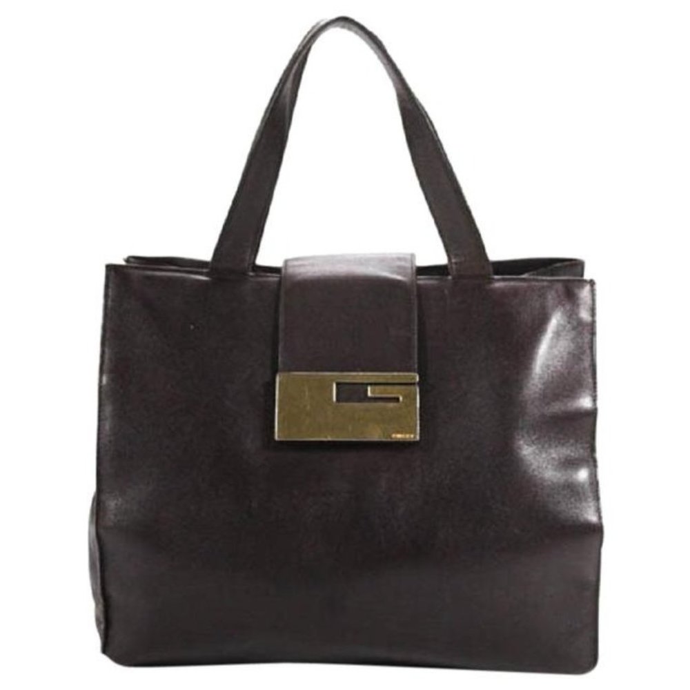 Gucci Vintage Dark Brown Leather Satchel with Gold Square G Tote Closure